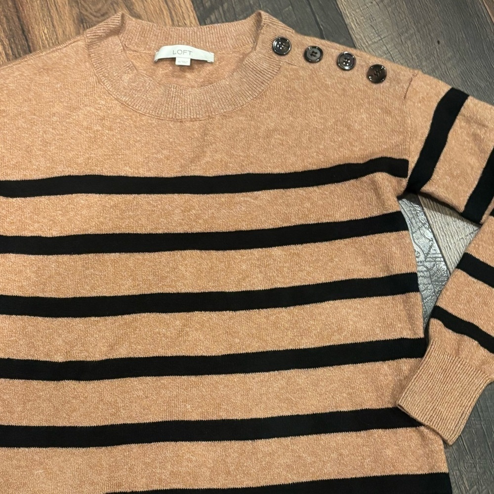 LOFT Camel/Tan and Black Striped Crew Neck Sweater with Button details XS - Picture 2 of 12